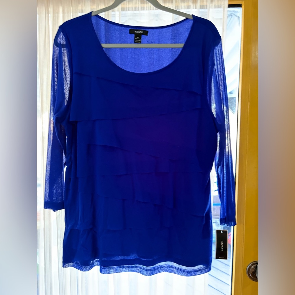Alfani Women's Cobalt Blue Layered Mesh Long Sleeve Top